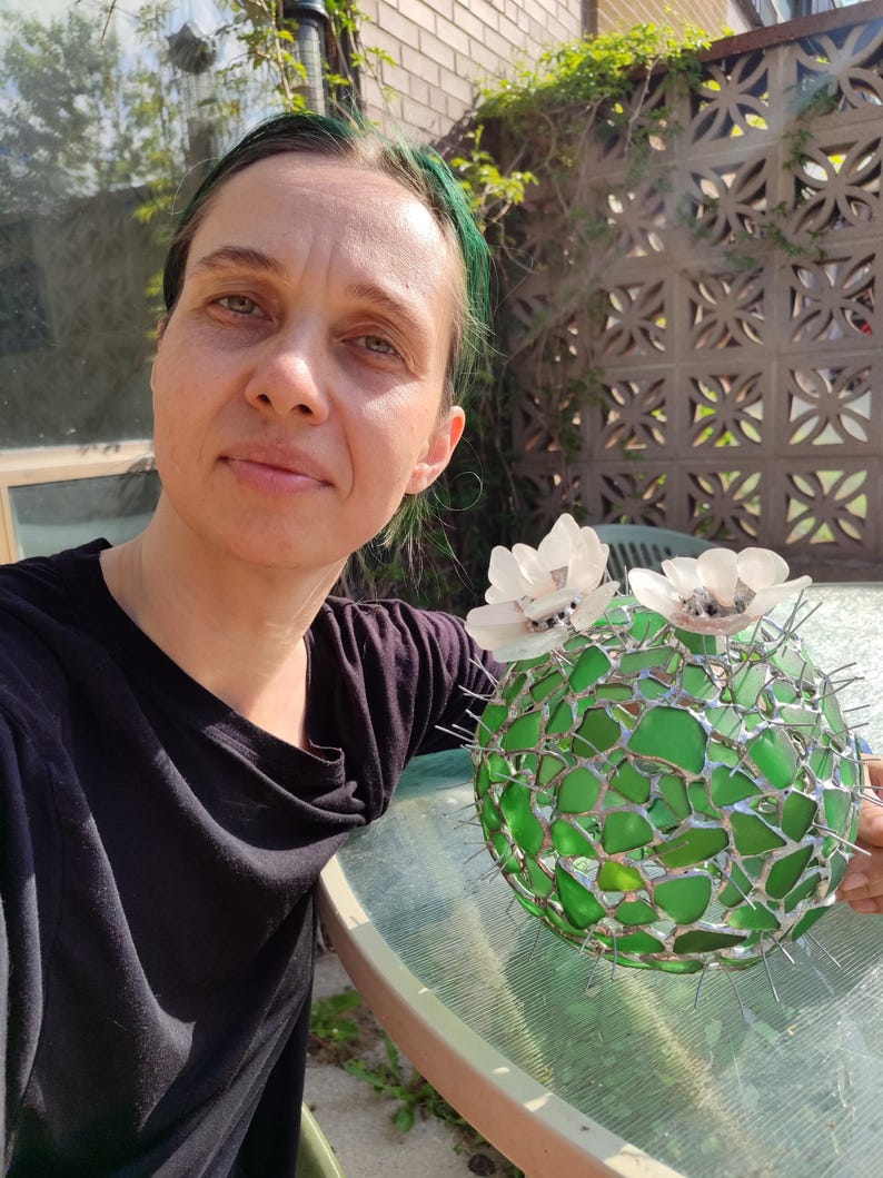 Großer Glas Kaktus + Blume, künstliche Sukkulente, Kaktuslampe Bild 4