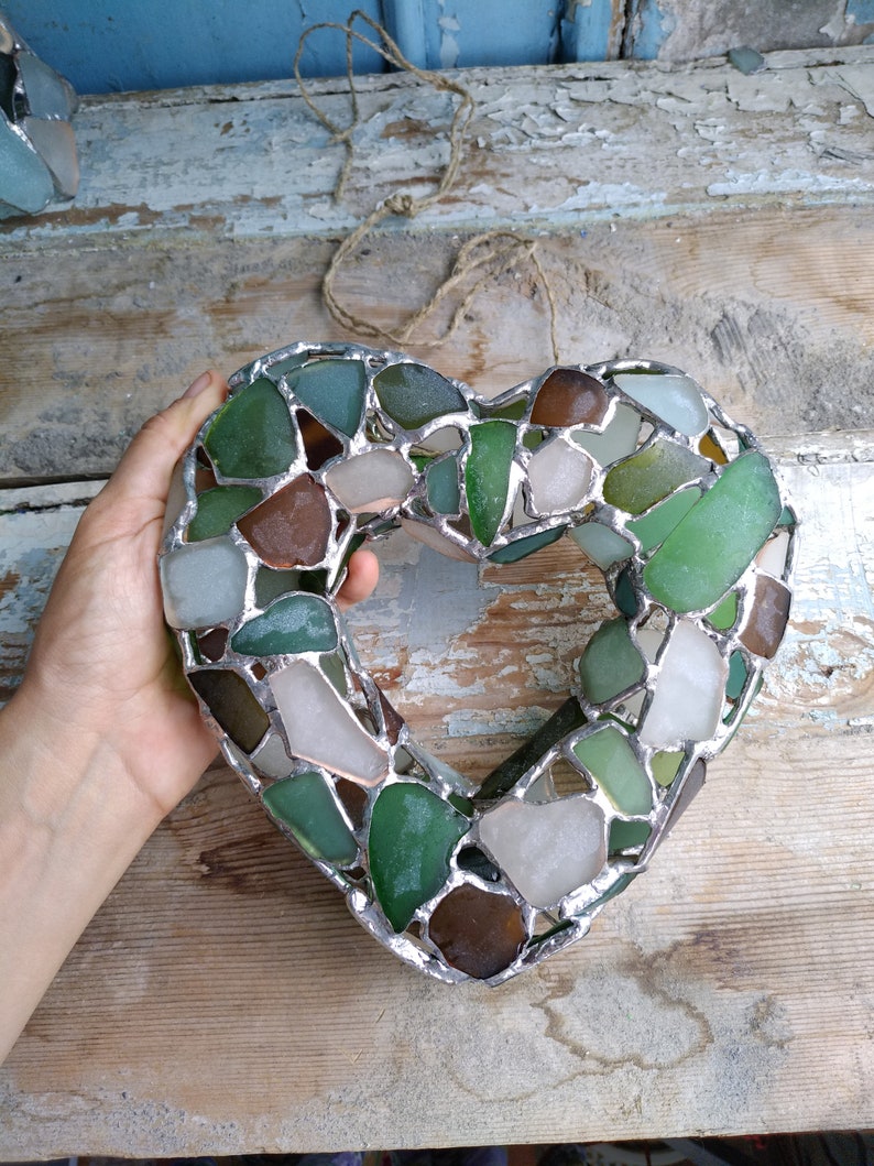 3D heart suncatcher, sea stained glass wreath interior or garden decorative pendant image 8