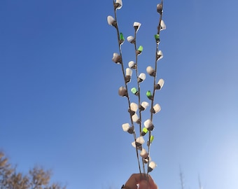 Set of 3 sea stained glass pussy-willow stems