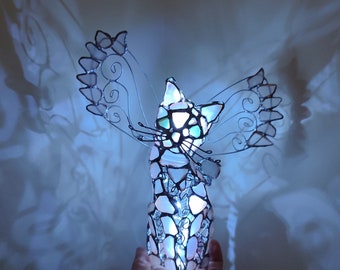 Sea glass winged cat figurine night light, memorial gift, stained glass cute art, wireless DIY lamp