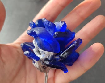 Sea glass cobalt blue rose, heavy unique upcycled flowers, fantasy bridal bouquet