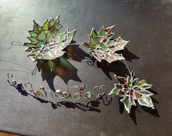 Sea glass maple leaf suncatcher, set of 3 maple leafs, ring dish, candle holder, Christmas ornament