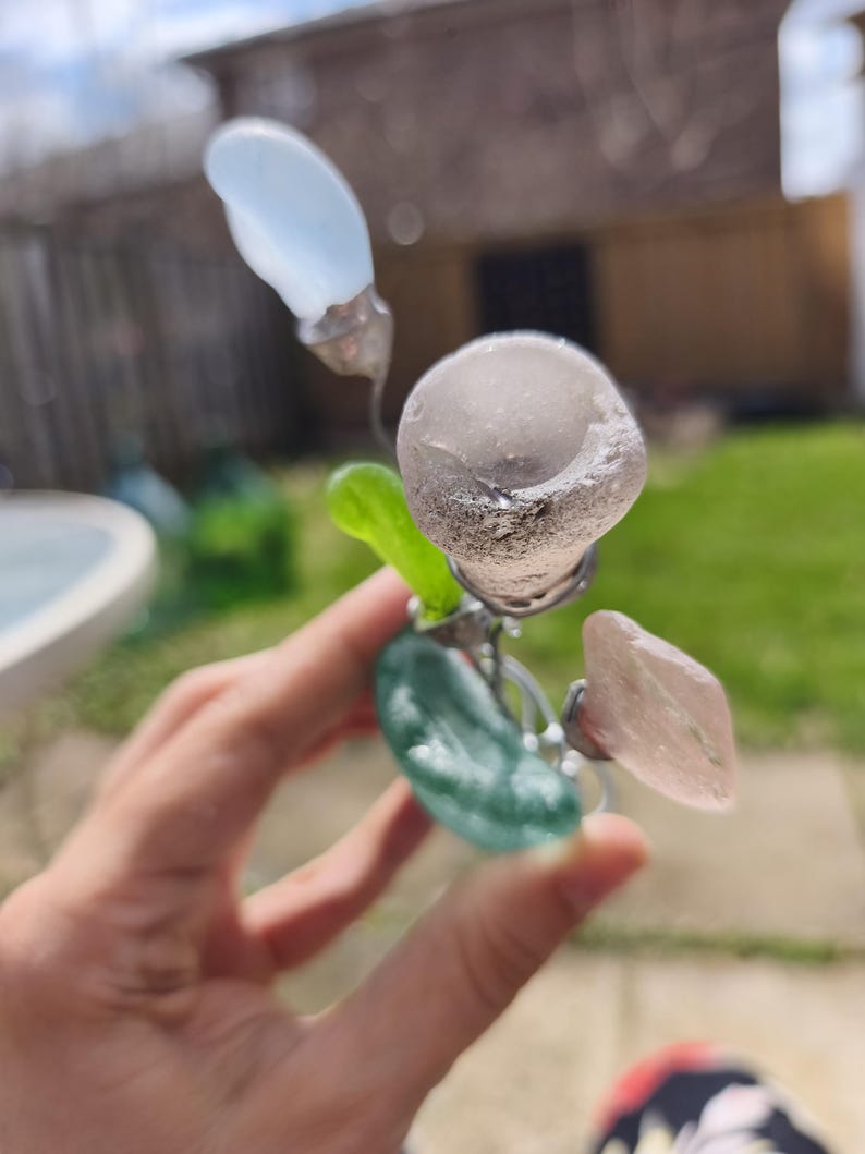 Sea glass miniature fantasy flowers, unique flower composition ring dish, only one art decor image 8