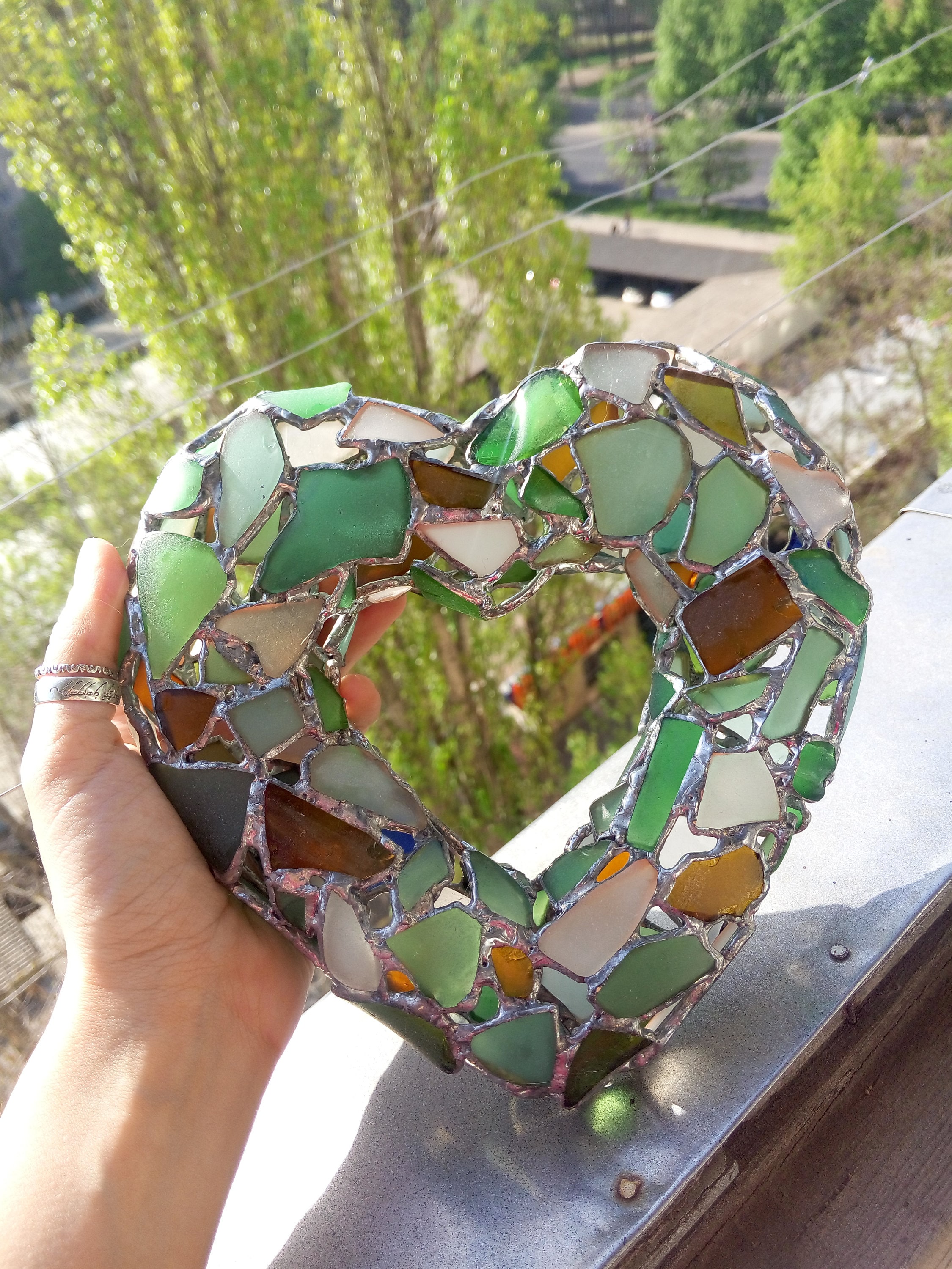 3D Heart Suncatcher, Sea Stained Glass Wreath Interior or Garden Decorative  Pendant 