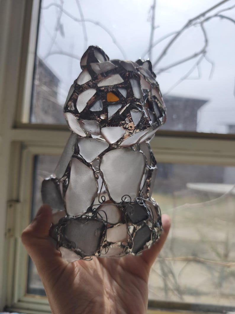 Sea glass raccoon figurine night light, cute art home decor, wireless night lamp image 6