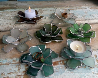Ring or candle holder, lotus flower, succulent sea stained glass tealight holder, beach glass art