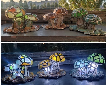 Mushrooms night light, sea stained glass art home decor, original upcycled figurine, wireless night lamp