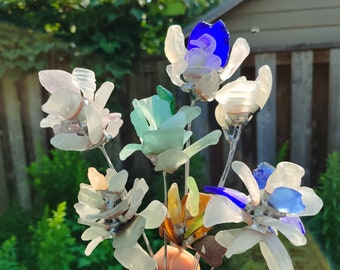 Sea stained glass flowers, unique artificial bouquet, sea glass flower art