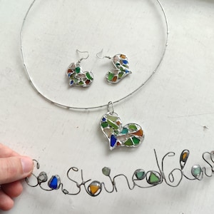 Sea glass heart jewelry, stained glass miniature mosaic, art statement jewelry, necklace earrings keychain bag charm