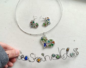 Sea glass heart jewelry, stained glass miniature mosaic, art statement jewelry, necklace earrings keychain bag charm