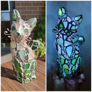 Sea glass cat figurine night light, stained glass cute art home decor, wireless DIY night lamp
