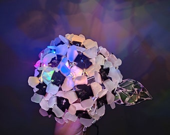 Sea glass hydrangea night light, white glass colored lights, upcycled botanical art