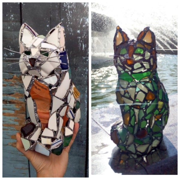 To order! 9 in cat sea glass or pottery figurine, garden sculpture,  interior or outdoor statue