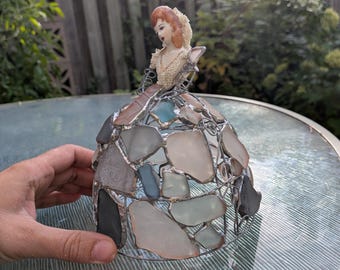Upcycled doll, sea glass table suncatcher, trash art figurine