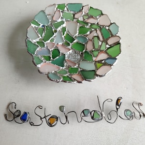 Round sea glass ring dish, sea stained glass jewelry trinket holder bowl - beach glass love gift