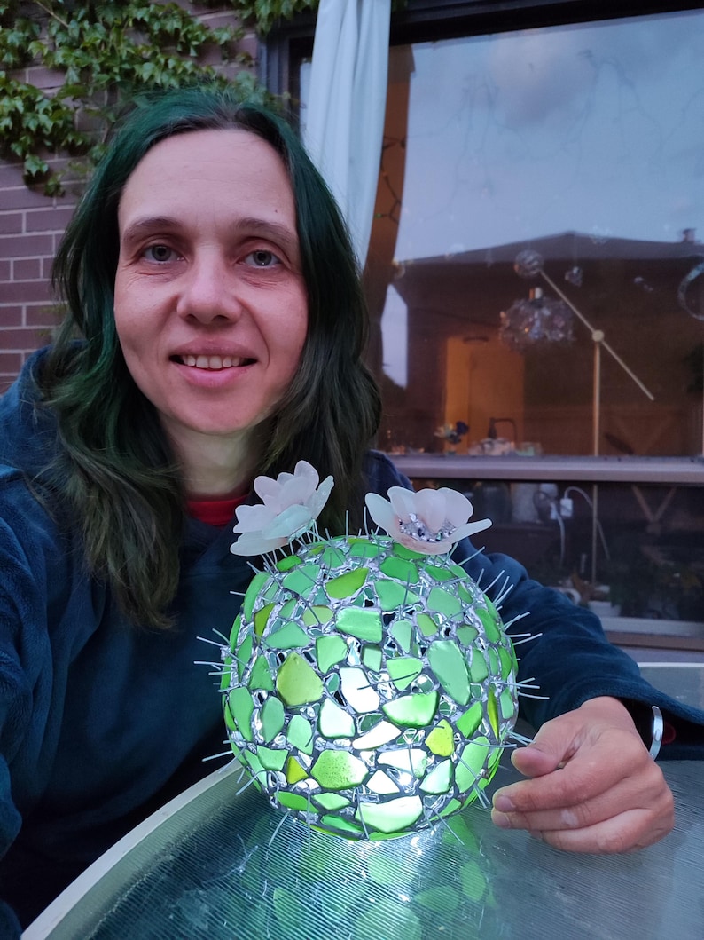 Großer Glas Kaktus + Blume, künstliche Sukkulente, Kaktuslampe Bild 1