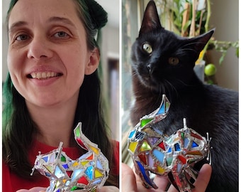 Stained glass cat colorful miniature night light TO ORDER, unique glass mosaic home decor