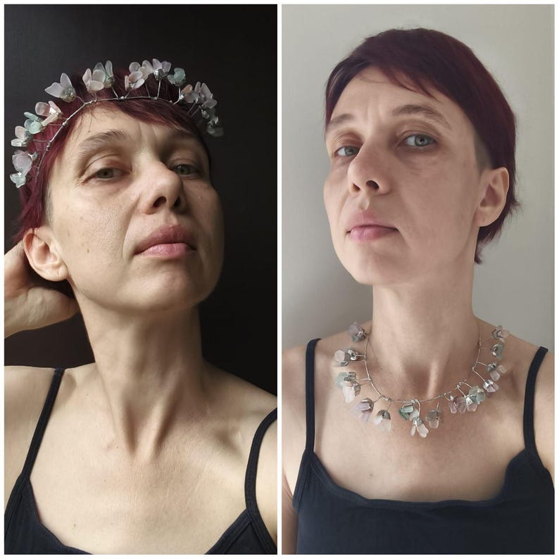 May include: A two-panel image. The left panel shows a silver wire crown adorned with light blue and pink floral accents. The right panel displays a necklace with similar floral elements. Both accessories are worn by a person wearing a black tank top.