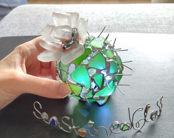 Cactus sea glass figurine night light, stained glass artificial round succulent + flower, upcycled art