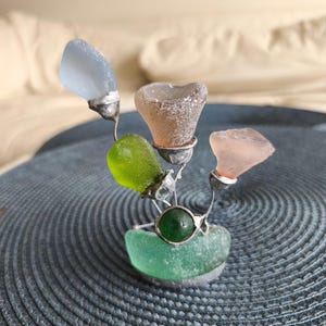 Sea glass miniature fantasy flowers, unique flower composition ring dish, only one art decor image 14