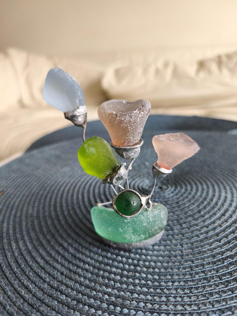 Sea glass miniature fantasy flowers, unique flower composition ring dish, only one art decor image 14