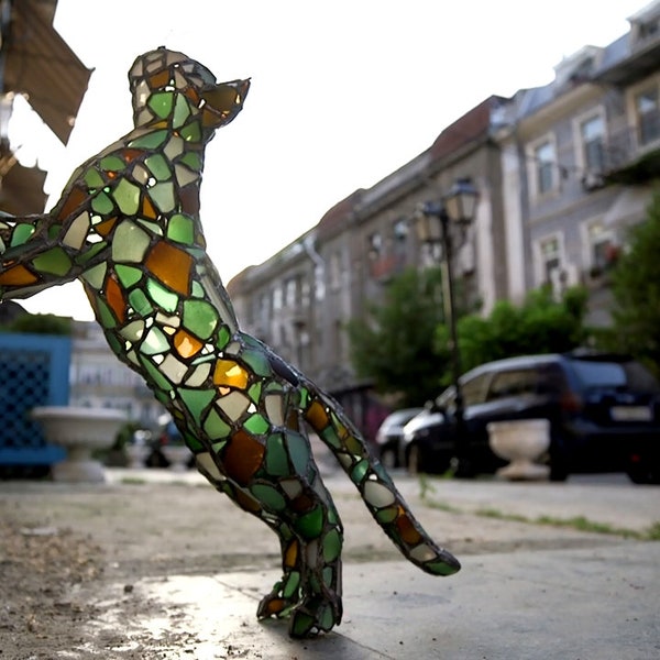 Climbing cat sea stained glass TO ORDER figurine light, garden sculpture, interior outdoor