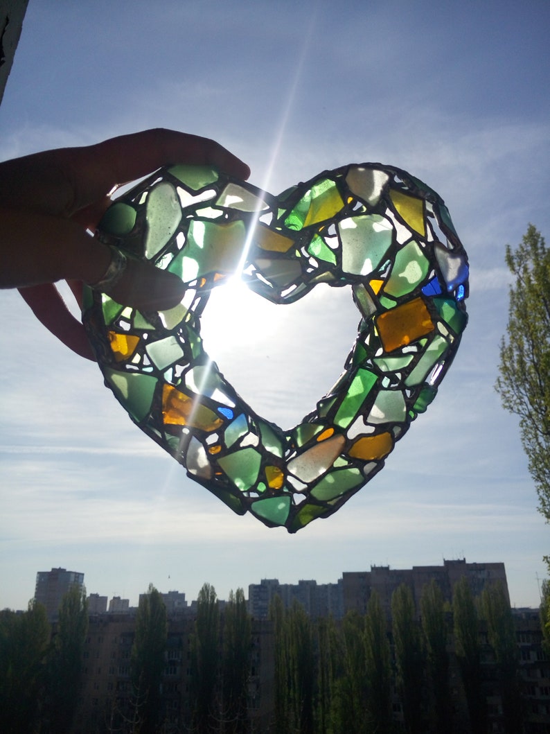 3D heart suncatcher, sea stained glass wreath interior or garden decorative pendant Only big heart