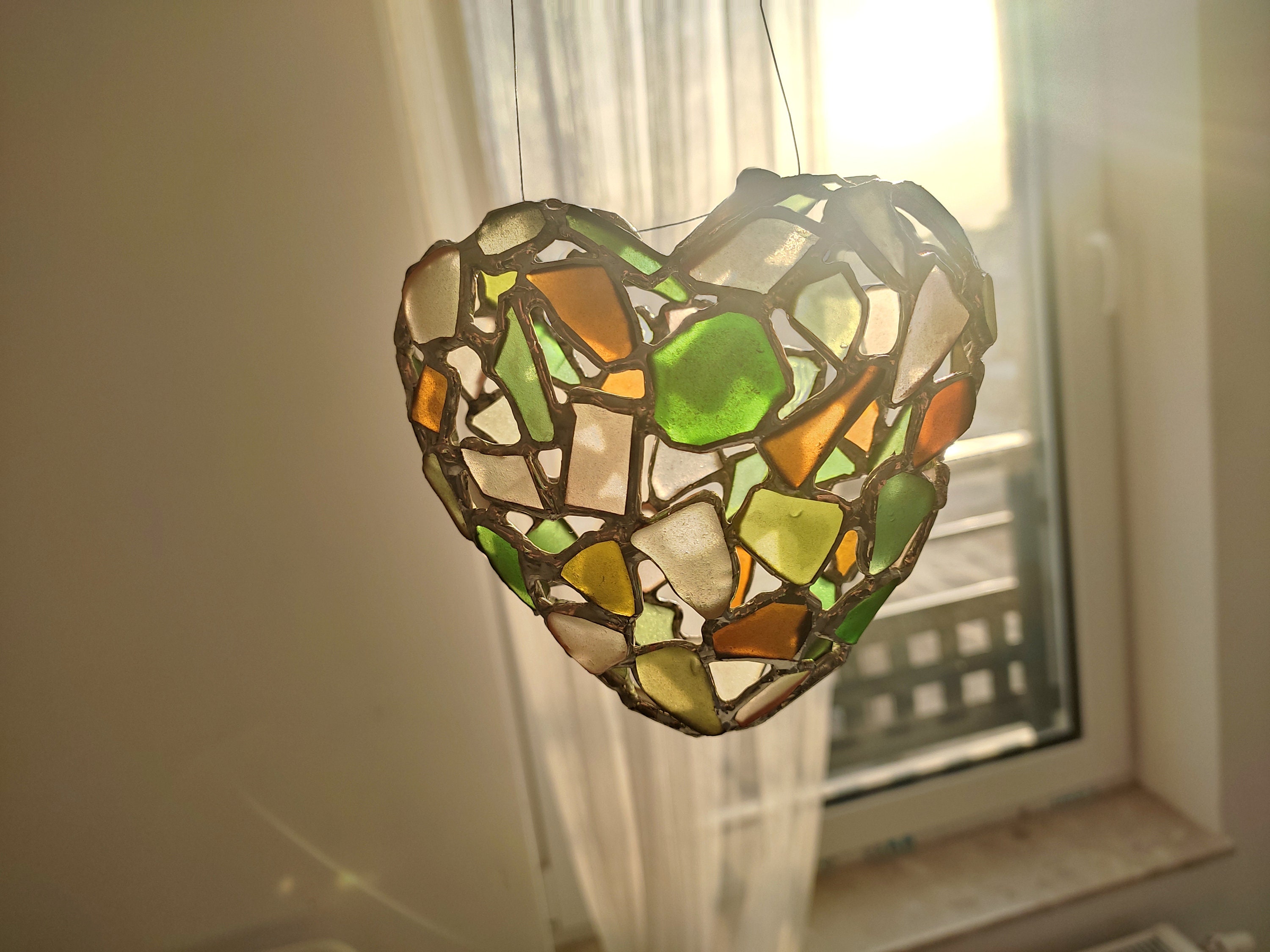 Heart Suncatcher, 3D Sea Stained Glass Upcycled Art 