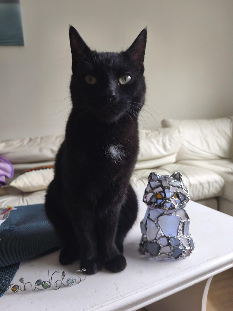 May include: A black cat with green eyes sits beside a stained glass cat ornament. The ornament is made of blue, grey, and clear glass pieces, held together with a silver metal frame. The cat has a small white patch on its chest. The cat is on a white table.