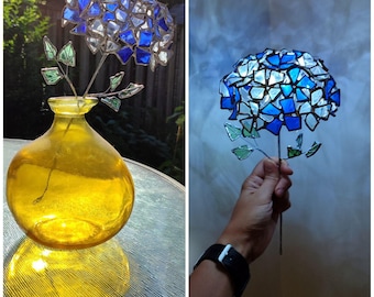 Stained glass blue hydrangea night light, bottle glass upcycled botanical art