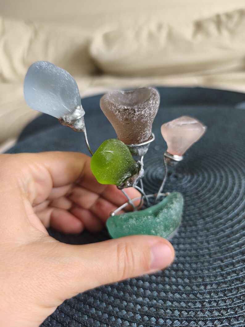 Sea glass miniature fantasy flowers, unique flower composition ring dish, only one art decor image 4