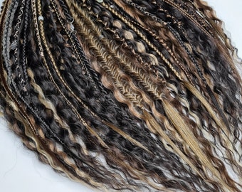 Wavy Synthetic Dreads and Braids Set, Brown Boho Curly Dreadlocks Extensions with Blonde Accents, Festival locks Viking Full Hair Set DE SE