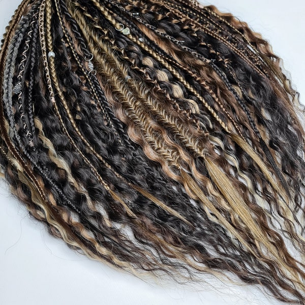 Brown wavy dreadlock extensions Synthetic crochet de curly dreads Mix of brown and blond wavy hair extensions set Brunette viking extensions
