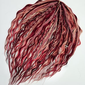 Multicolored ombre pink and burgundy BRUSHABLE synthetic DE SE dreaded curls Burgundy wavy hair extensions Hippie Boho dreads with loose end