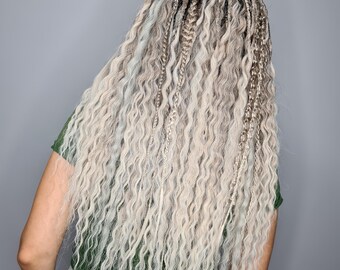 Grey and silver synthetic crochet dreads extensions Winter Ombre SE/DE Textured Dreads & Braids Set Smoky Gray Curly Dreadlock Extensions