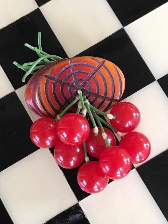 Vintage Bakelite Cherry Brooch-Bakelite Cherry Red