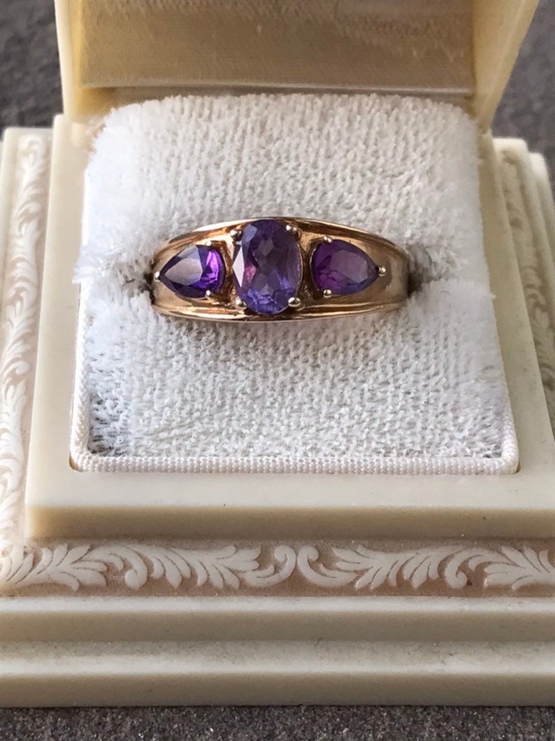 Vintage 10k Yellow Gold Tri Amethyst Ring-Multi Amethyst 10k Gold Ring-Gift For Her-February Birthstone Ring