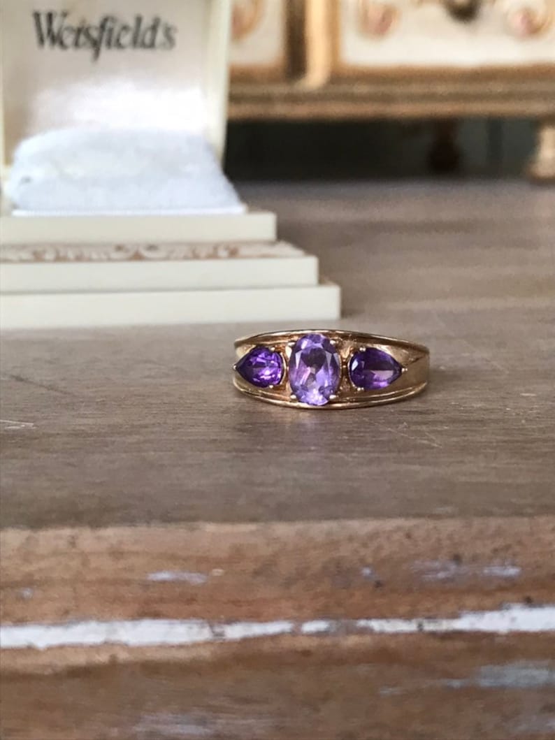 Vintage 10k Yellow Gold Tri Amethyst Ring-Multi Amethyst 10k Gold Ring-Gift For Her-February Birthstone Ring