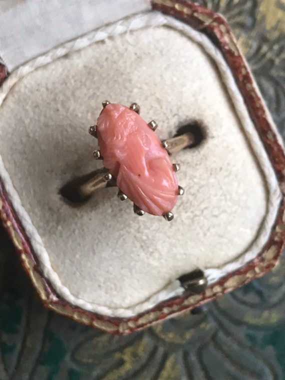 Vintage 10k Gold Carved Coral Cameo Ring-Victorian