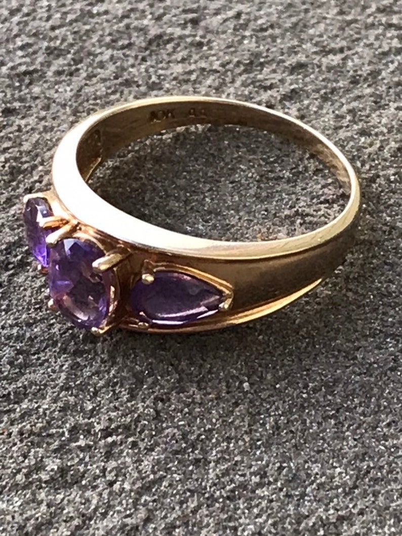 Vintage 10k Yellow Gold Tri Amethyst Ring-Multi Amethyst 10k Gold Ring-Gift For Her-February Birthstone Ring