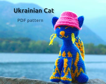 Patrón de amigurumi de gato ucraniano a crochet / Patrón de amigurumi de gato a crochet en PDF / Amigurumi de gato inspirado en Ucrania con sombrero / Gato a crochet