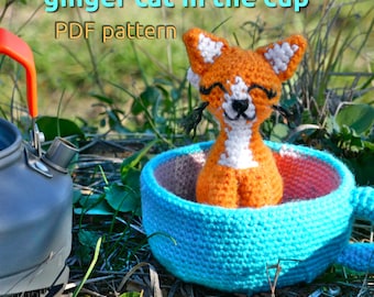 Patrón de crochet amigurumi: Gato jengibre en la taza / Patrón de crochet amigurumi de gato / Patrón de crochet de gato amigurumi / Patrón de gatito amigurumi