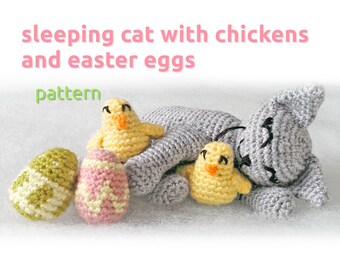 Patrón de crochet de gato durmiendo con pollitos de Pascua / Amigurumi de Pascua en PDF / Patrón de crochet de gato, pollitos y huevos / Gato durmiendo con huevos de Pascua