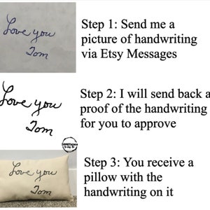 May include: A three-step process for creating a custom pillow with personalized handwriting. Step 1: Send a picture of the handwriting via Etsy Messages. Step 2: Receive a proof of the handwriting for approval. Step 3: Receive a pillow with the handwriting on it.