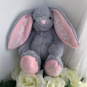 May include: A gray plush bunny with pink ears and feet. The ears are embroidered with the text "Alana Susie Ann" and "25.01.22".