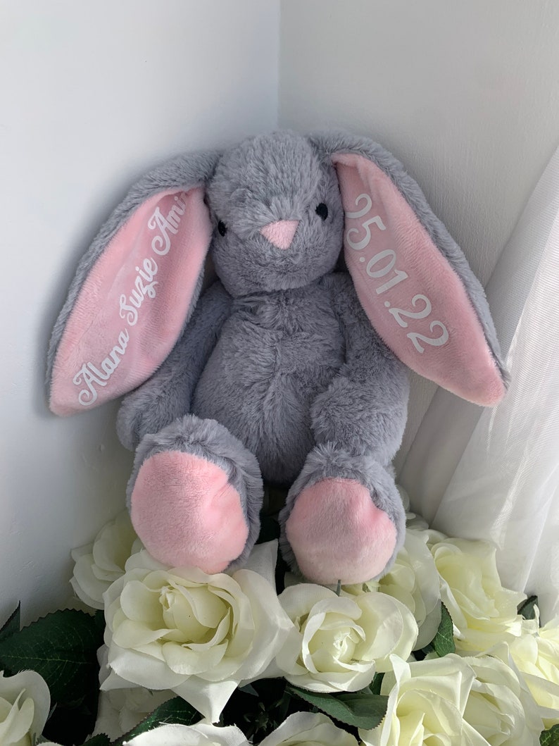May include: A gray plush bunny with pink ears and feet. The ears are embroidered with the text "Alana Susie Ann" and "25.01.22".