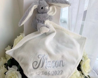 PERSONALISED BUNNY TEDDY comfort baby maternity grey white pink blue hospital mum babies gifts girl boy unisex pregnancy newborn plush soft