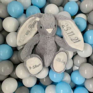 May include: A gray plush bunny with embroidered ears. The left ear says "Eleanor Rose" and the right ear says "26.11.21". The bunny is sitting in a ball pit filled with blue, white, and gray balls. The bunny's foot says "9:59am".