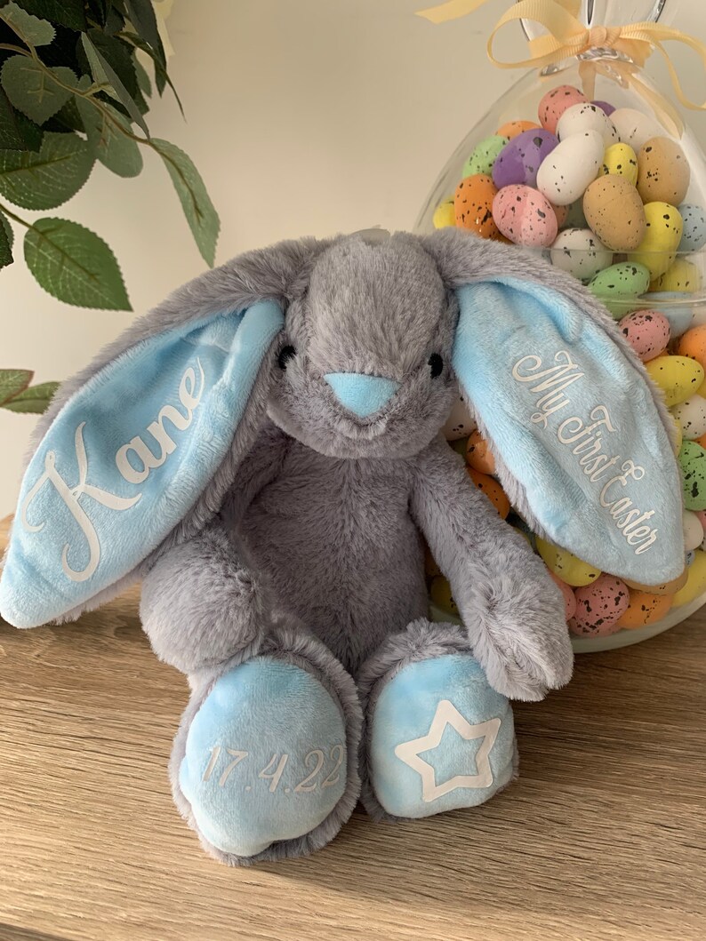 May include: A gray plush bunny with blue ears and feet. The ears are embroidered with "My First Easter" and "Kane". The feet are embroidered with "17.4.22" and a white star.