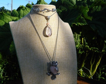 sautoir necklace "Owl dreaming of sweetness and its shamanic crystal drop"